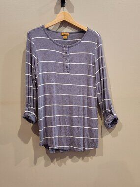 Wrangler Womens Striped Henley Top Medium Gray Long Sleeve Roll Tab Casual Shirt